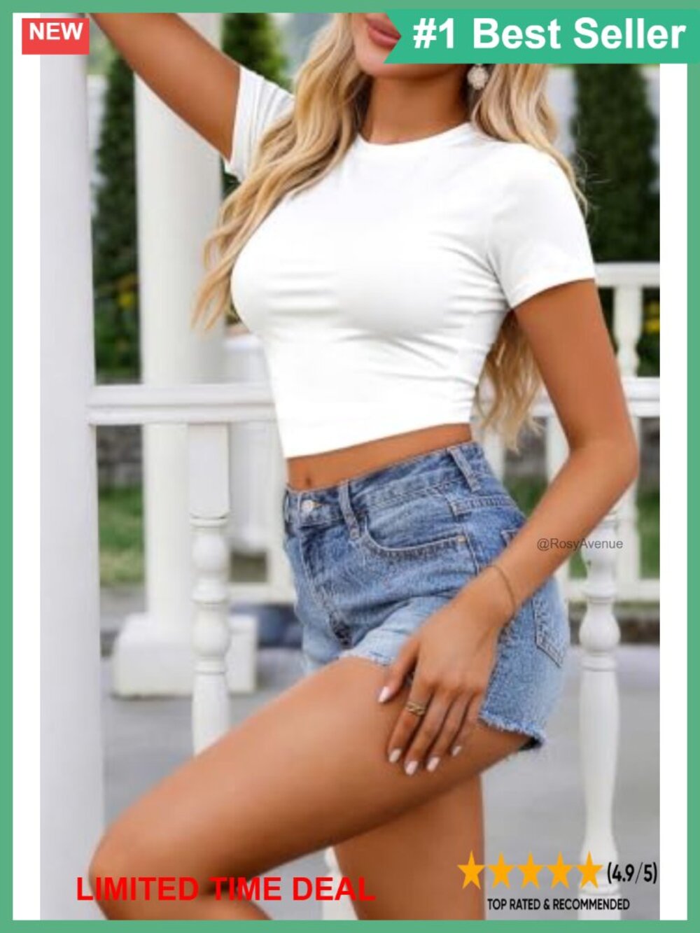 Women's Cropped Tee Short Sleeve Slim Fit Crew Neck Knit T-Shirt - Picture 3 of 5